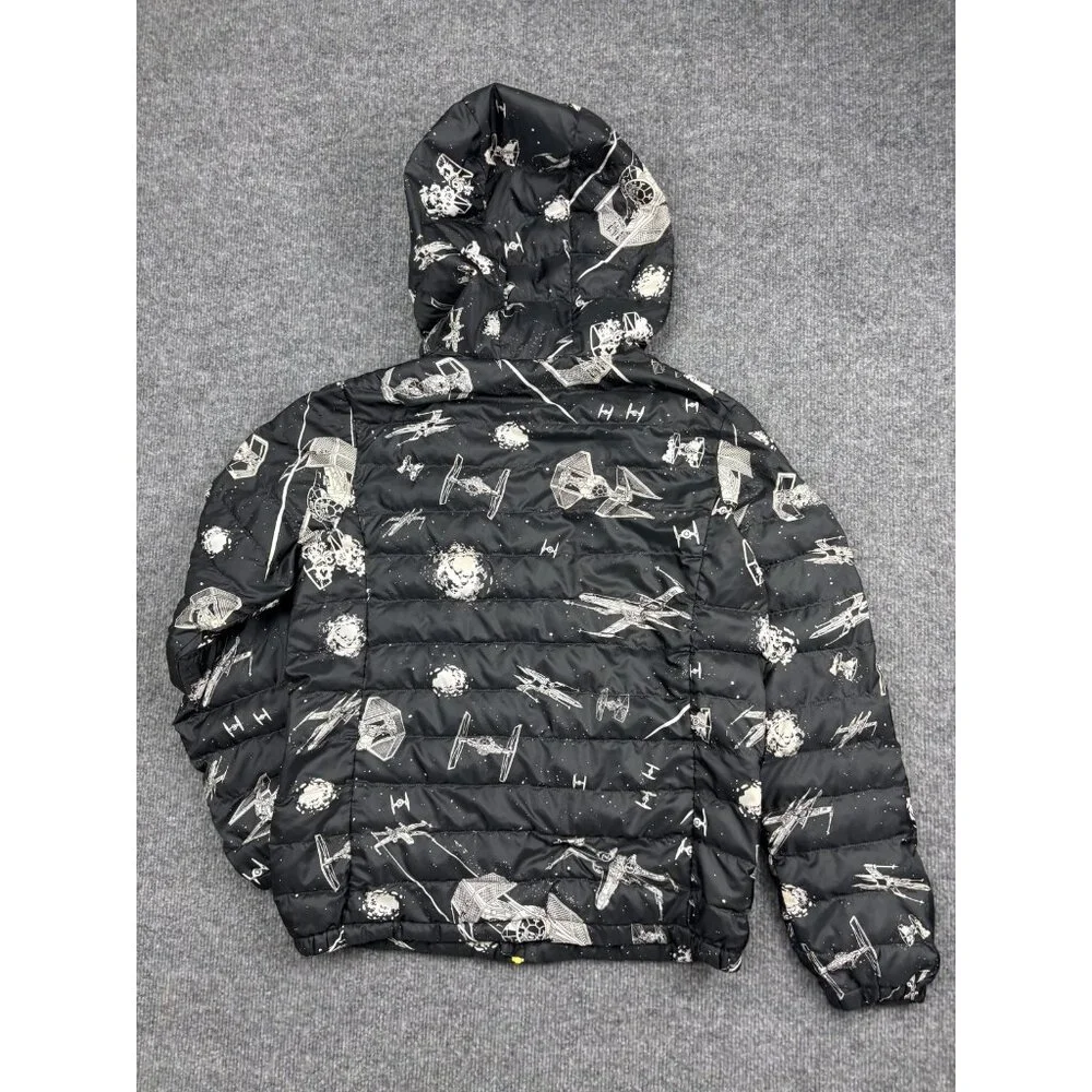 Uniqlo Star Wars Jacket Kids 12 Black Hooded Puffer Full Zip Yellow Lining‎